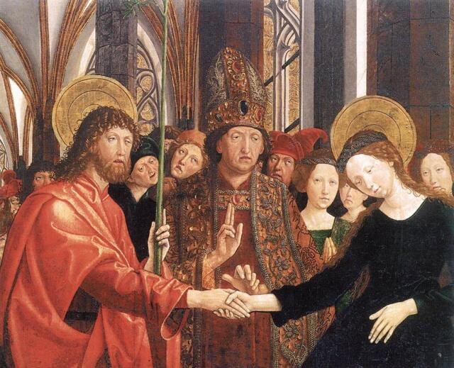 Michael Pacher, Sposalizio di Maria e Giuseppe, particolare di pala dall’altare.