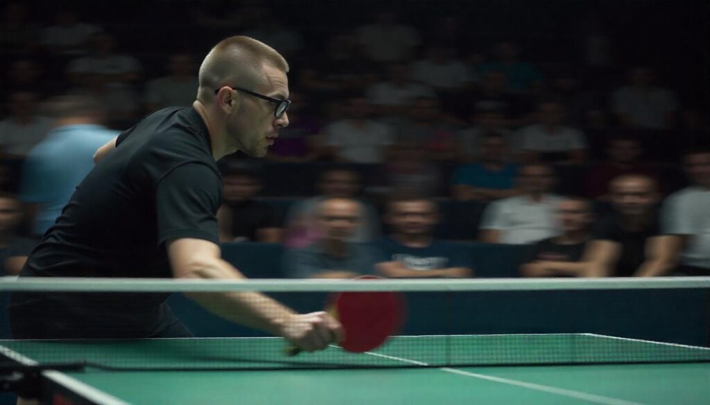 Blurry and dynamic black-and-white photograph of a Caucasian man playing table tennis in a public competition.